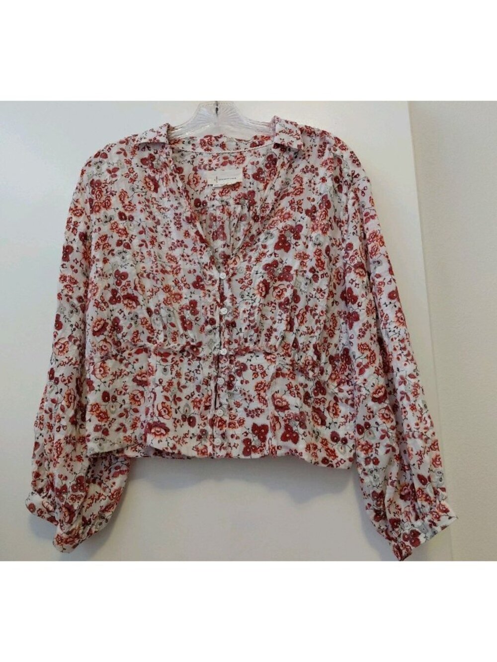 Anthropologie Peasant Blouse Puff Sleeve V-Neck Cottagecore Brown White Large
